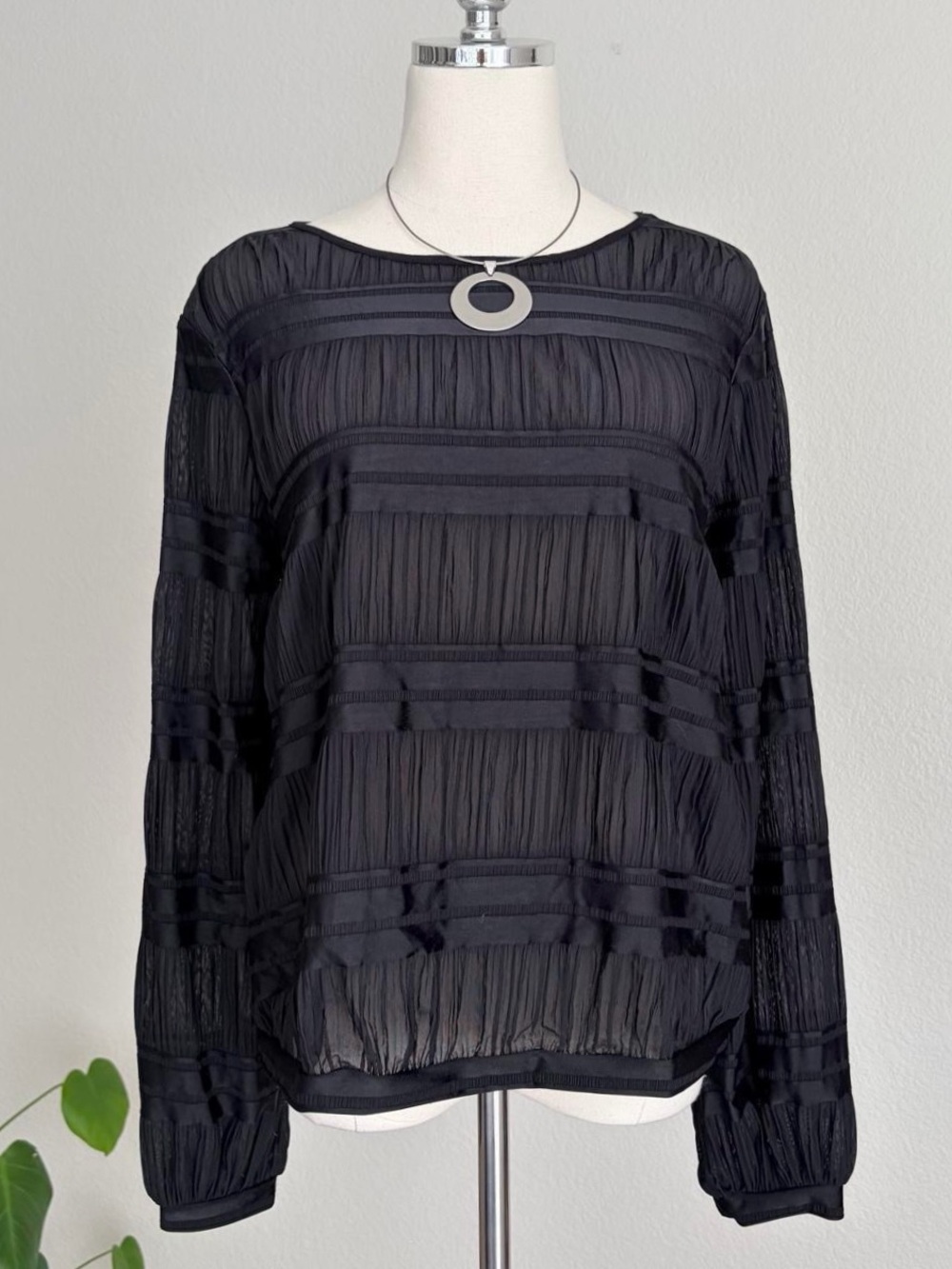 Eva Longoria Black Sheer Textured Long-Sleeve Top - Women